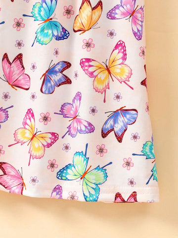 Toddler Girls" Cartoon Butterfly Print Casual Dress With Flying Sleeves