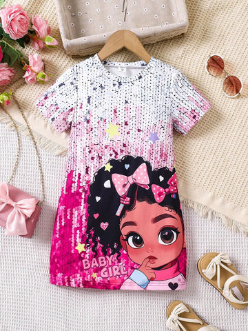 Toddler Girls' Cartoon Print Lightweight Dress, Summer Princess Style Baby Clothing