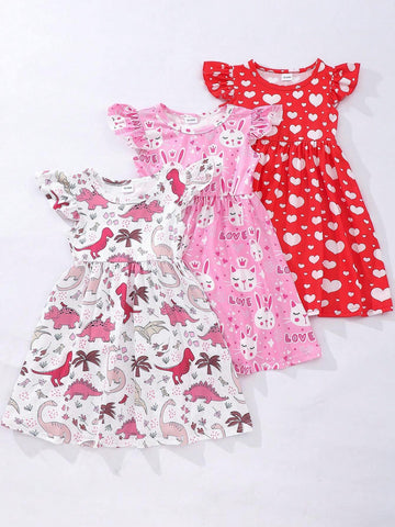 Toddler Girls" Cartoon Printed Casual Flying Sleeve Dress With A 3-Piece Set