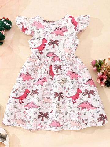 Toddler Girls" Cartoon Printed Casual Flying Sleeve Dress With A 3-Piece Set