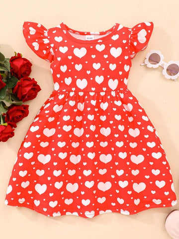 Toddler Girls" Cartoon Printed Casual Flying Sleeve Dress With A 3-Piece Set