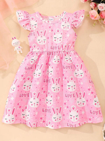 Toddler Girls" Cartoon Printed Casual Flying Sleeve Dress With A 3-Piece Set