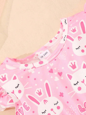 Toddler Girls" Cartoon Printed Casual Flying Sleeve Dress With A 3-Piece Set