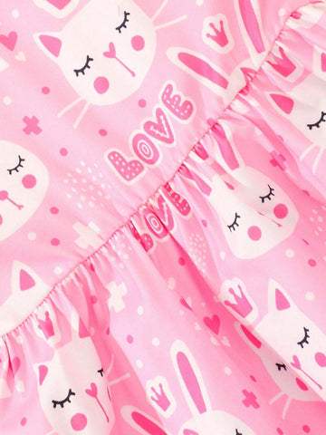 Toddler Girls" Cartoon Printed Casual Flying Sleeve Dress With A 3-Piece Set