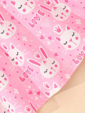 Toddler Girls" Cartoon Printed Casual Flying Sleeve Dress With A 3-Piece Set