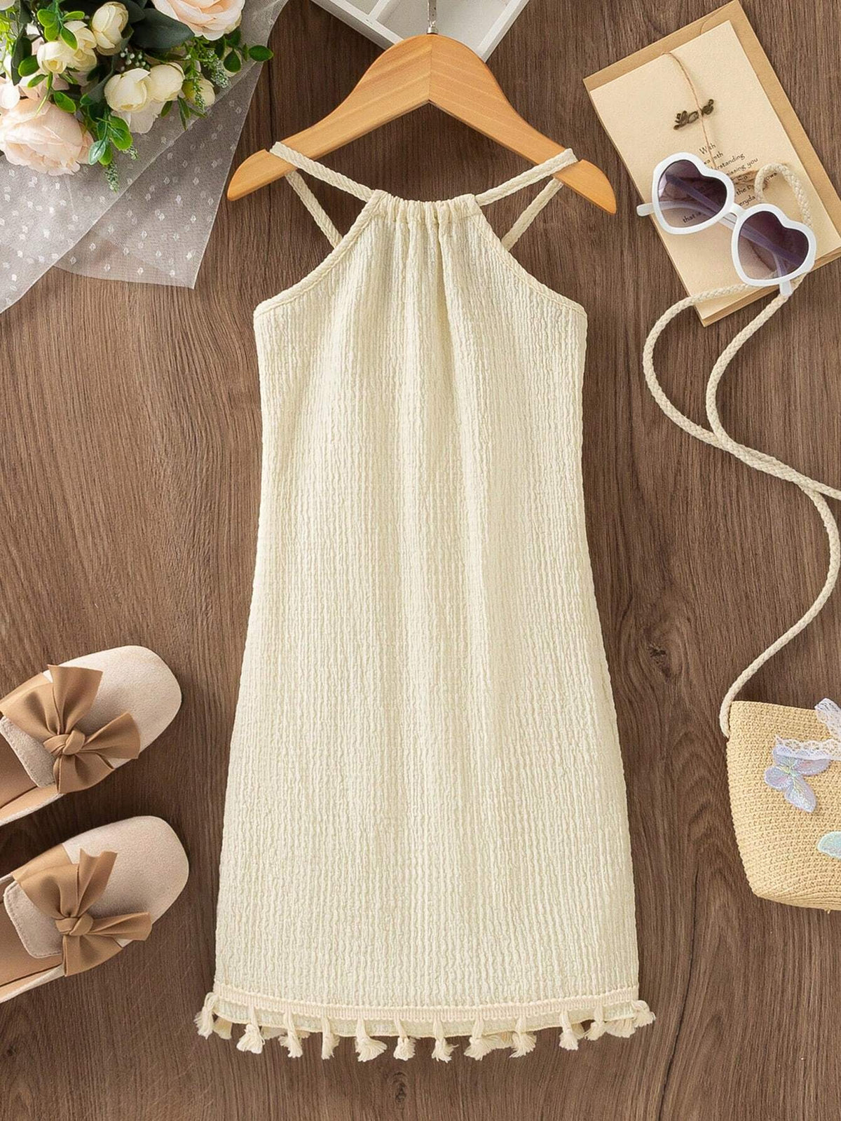 Toddler Girls' Casual Basic Tassel Swing Dress With Neck Strap