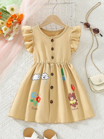 Toddler Girls' Casual Cute Printed Round Neck Sleeveless Dress With Ruffle Hem For Summer