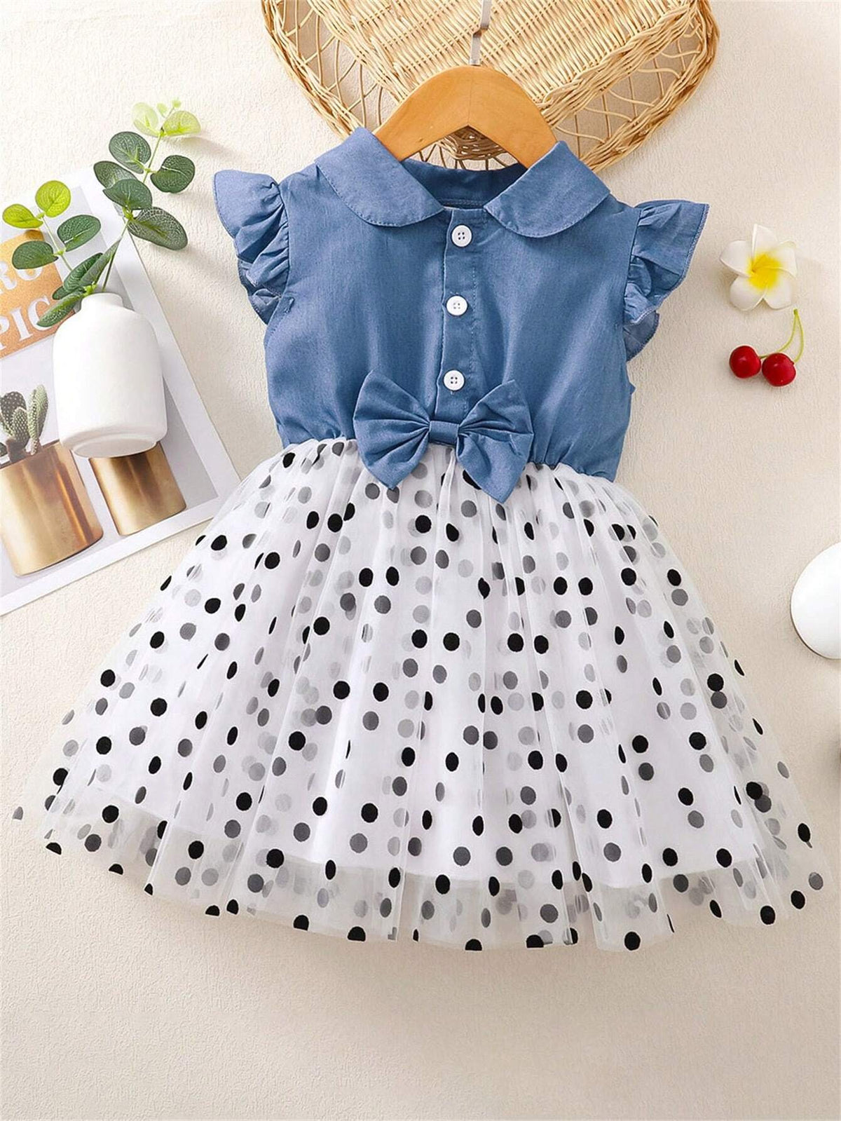 Toddler Girls' Casual Dress, Peter Pan Collar Denim & Mesh Patchwork Dress