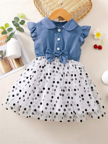Toddler Girls' Casual Dress, Peter Pan Collar Denim & Mesh Patchwork Dress