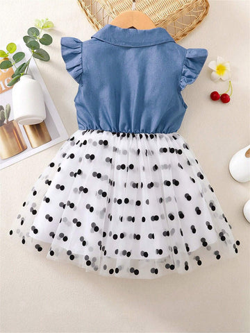 Toddler Girls' Casual Dress, Peter Pan Collar Denim & Mesh Patchwork Dress