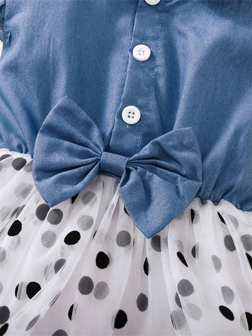 Toddler Girls' Casual Dress, Peter Pan Collar Denim & Mesh Patchwork Dress