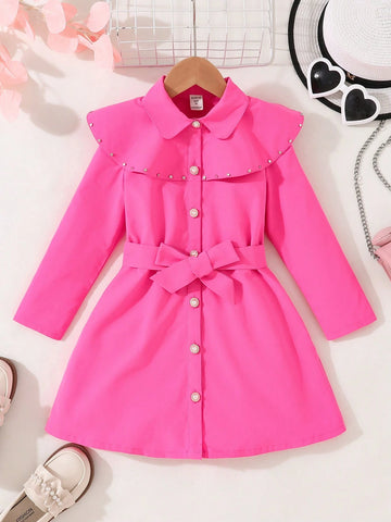 Toddler Girls' Casual Elegant Commuter Princess Style Madeline Diamond Studded Shirt Collar With Ruffle Hem And Waist Belt Design