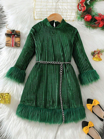 Toddler Girls Casual Long Sleeve High Collar Korean Velvet Striped A-Line Dress With Fuzzy Cuffs And Hem, Elegant