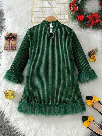 Toddler Girls Casual Long Sleeve High Collar Korean Velvet Striped A-Line Dress With Fuzzy Cuffs And Hem, Elegant