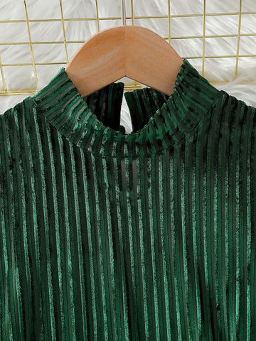 Toddler Girls Casual Long Sleeve High Collar Korean Velvet Striped A-Line Dress With Fuzzy Cuffs And Hem, Elegant