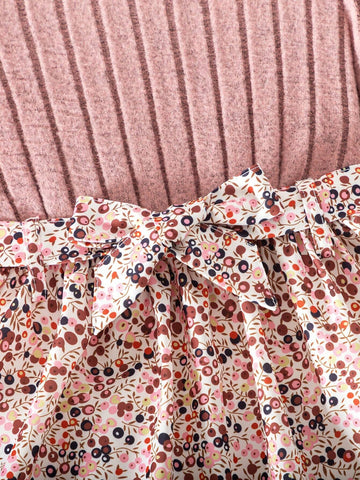 Toddler Girls Casual Long Sleeve Ruffled Sleeve Printed Dress + Matching Belt