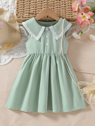 Toddler Girls' Casual Navy Collar Sleeveless Dress With Lace Hem For Summer