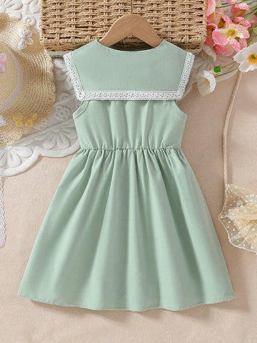 Toddler Girls' Casual Navy Collar Sleeveless Dress With Lace Hem For Summer