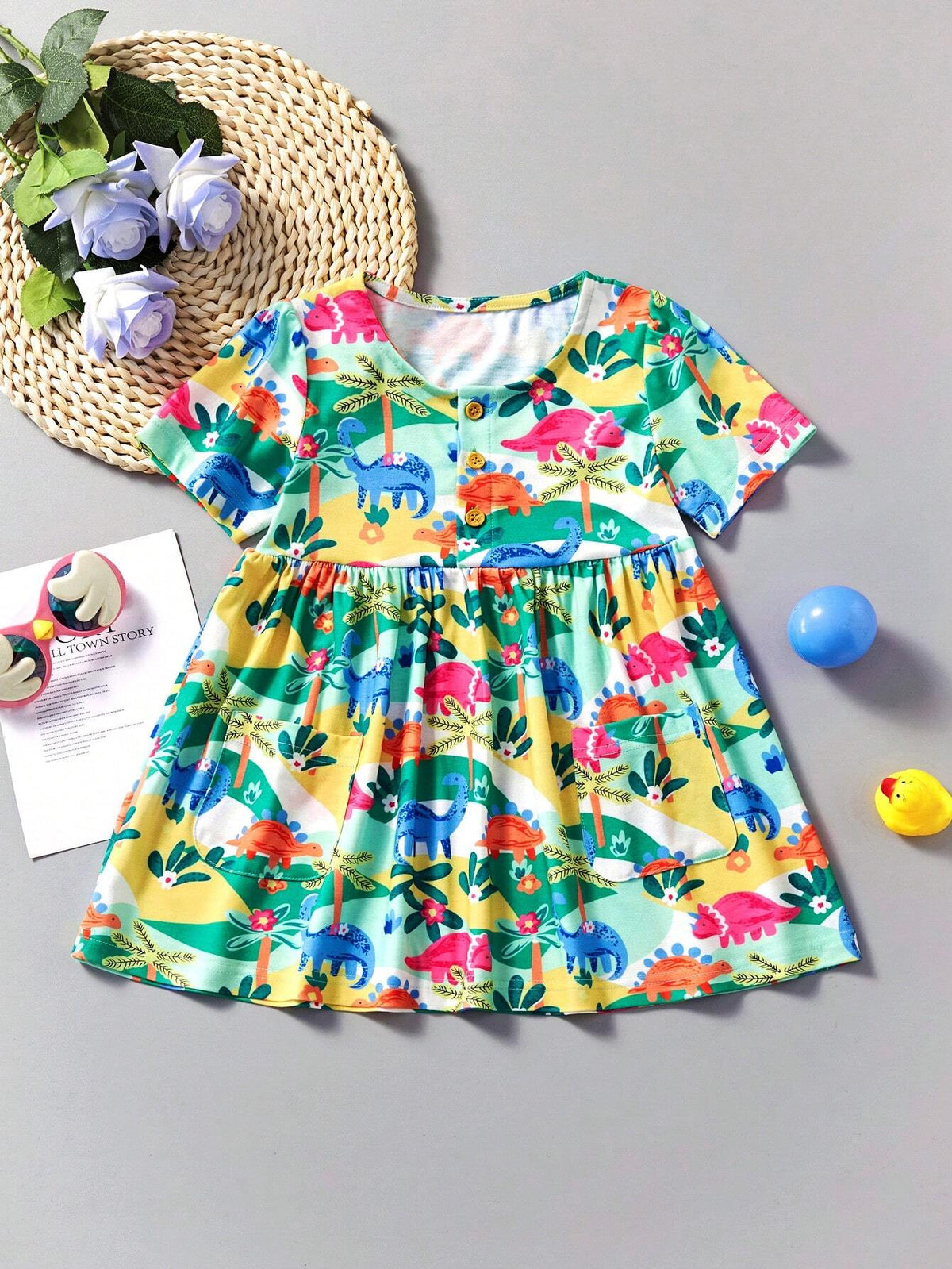 Toddler Girls' Casual Short Sleeve Dinosaur Printed Dress, Summer Breathable Outfit For Outdoor Activities