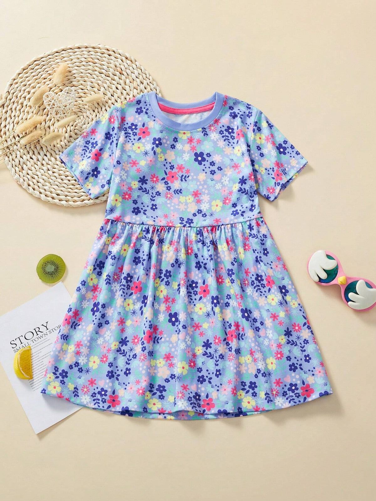 Toddler Girls" Casual Short Sleeve Dress Cartoon Floral Print Summer Breathable Outfits