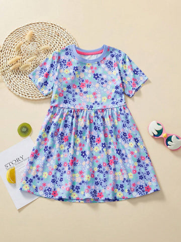 Toddler Girls" Casual Short Sleeve Dress Cartoon Floral Print Summer Breathable Outfits