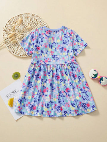 Toddler Girls" Casual Short Sleeve Dress Cartoon Floral Print Summer Breathable Outfits