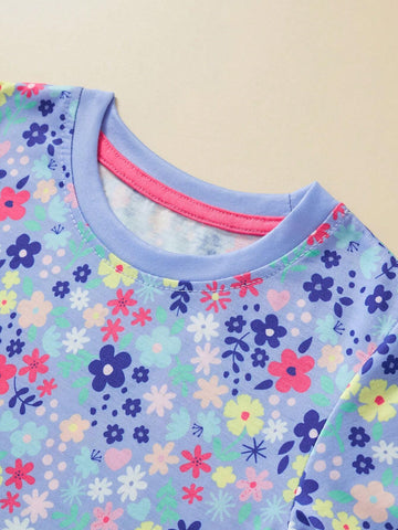Toddler Girls" Casual Short Sleeve Dress Cartoon Floral Print Summer Breathable Outfits