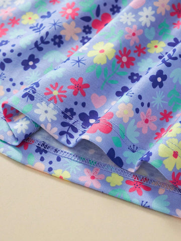 Toddler Girls" Casual Short Sleeve Dress Cartoon Floral Print Summer Breathable Outfits