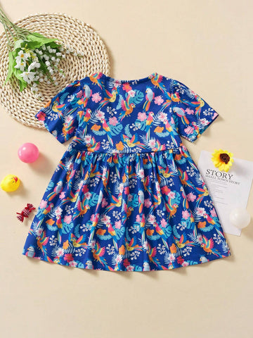 Toddler Girls' Casual Short Sleeve Dress With Cartoon Animal & Flower Print, Breathable Summer Outfit
