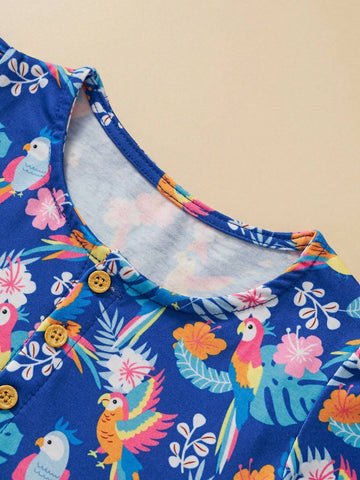 Toddler Girls' Casual Short Sleeve Dress With Cartoon Animal & Flower Print, Breathable Summer Outfit