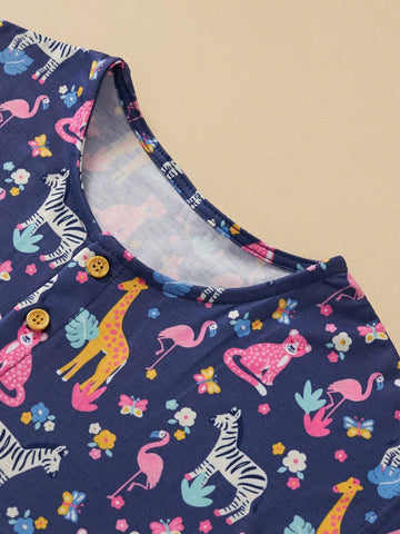 Toddler Girls' Casual Short Sleeve Dress With Cartoon Flower & Animal Print, Breathable Summer Outfit