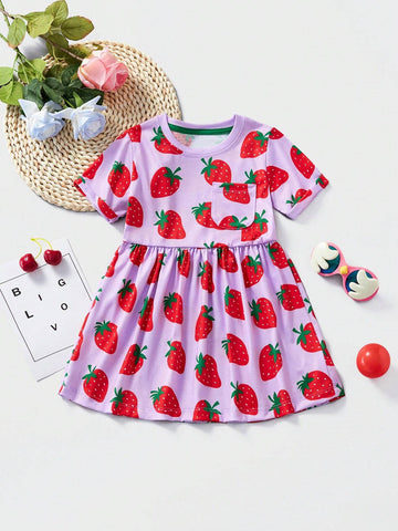 Toddler Girls' Casual Short Sleeved Strawberry Printed Dress With Cartoon Design, Breathable Style For Summer Outings
