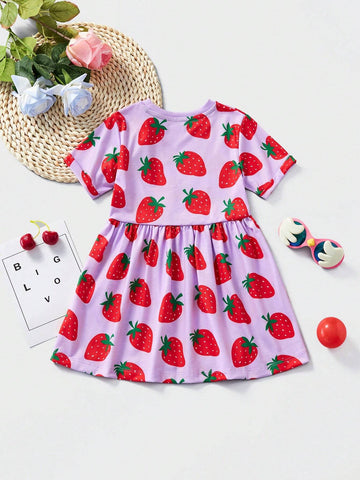 Toddler Girls' Casual Short Sleeved Strawberry Printed Dress With Cartoon Design, Breathable Style For Summer Outings