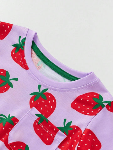 Toddler Girls' Casual Short Sleeved Strawberry Printed Dress With Cartoon Design, Breathable Style For Summer Outings