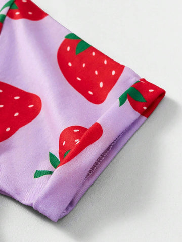 Toddler Girls' Casual Short Sleeved Strawberry Printed Dress With Cartoon Design, Breathable Style For Summer Outings