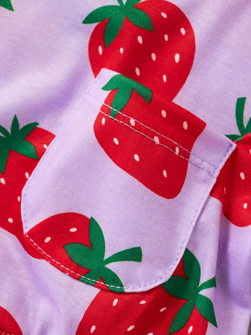 Toddler Girls' Casual Short Sleeved Strawberry Printed Dress With Cartoon Design, Breathable Style For Summer Outings
