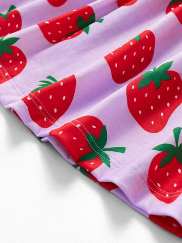 Toddler Girls' Casual Short Sleeved Strawberry Printed Dress With Cartoon Design, Breathable Style For Summer Outings