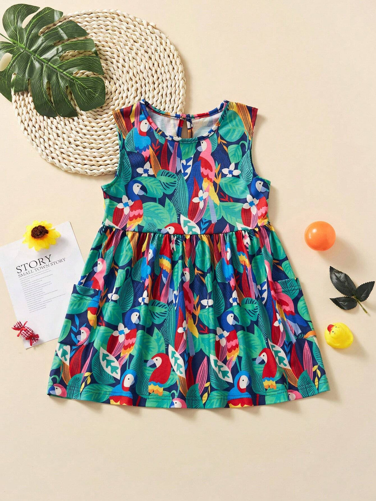 Toddler Girls' Casual Sleeveless Dress With Cartoon Animal & Flower Print, Breathable Style For Summer Outing