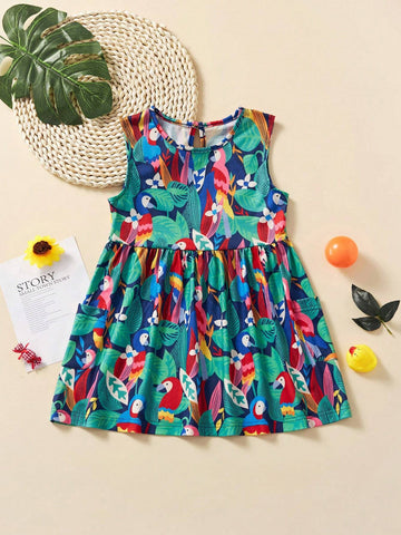 Toddler Girls' Casual Sleeveless Dress With Cartoon Animal & Flower Print, Breathable Style For Summer Outing