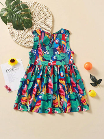 Toddler Girls' Casual Sleeveless Dress With Cartoon Animal & Flower Print, Breathable Style For Summer Outing