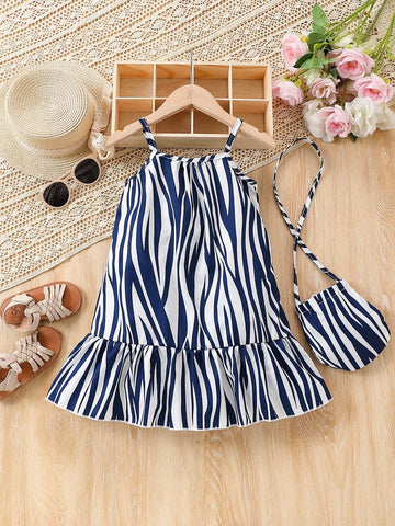 Toddler Girls" Casual Striped & Printed Spaghetti Strap Dress And Bag For Summer