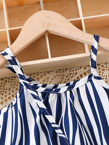 Toddler Girls" Casual Striped & Printed Spaghetti Strap Dress And Bag For Summer