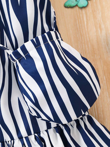 Toddler Girls" Casual Striped & Printed Spaghetti Strap Dress And Bag For Summer
