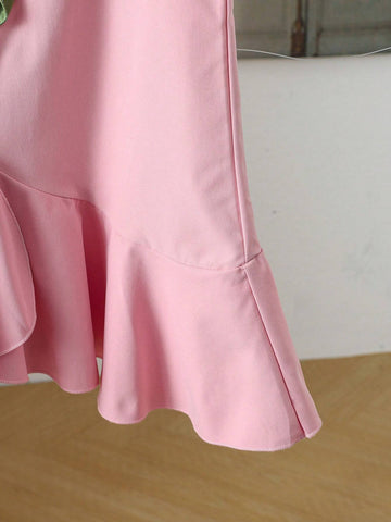 Toddler Girls' Casual Sweet Ladylike Summer New Arrival 3D Flower Decor Asymmetric Ruffled Hem Skirt Dress In Pink, Sleeveless. Suitable For Summer, Layered Wear, Sweet-Girl Style, Picnic, Outing, Family Trip, Holiday Playtime.