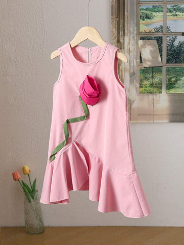 Toddler Girls' Casual Sweet Ladylike Summer New Arrival 3D Flower Decor Asymmetric Ruffled Hem Skirt Dress In Pink, Sleeveless. Suitable For Summer, Layered Wear, Sweet-Girl Style, Picnic, Outing, Family Trip, Holiday Playtime.