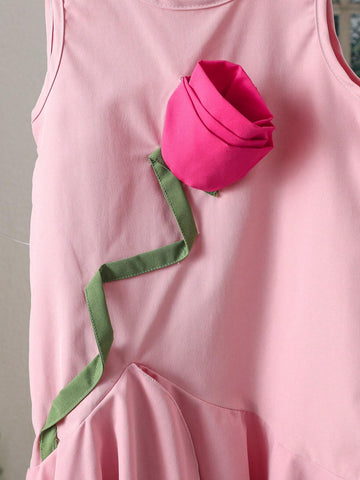Toddler Girls' Casual Sweet Ladylike Summer New Arrival 3D Flower Decor Asymmetric Ruffled Hem Skirt Dress In Pink, Sleeveless. Suitable For Summer, Layered Wear, Sweet-Girl Style, Picnic, Outing, Family Trip, Holiday Playtime.