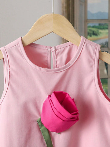 Toddler Girls' Casual Sweet Ladylike Summer New Arrival 3D Flower Decor Asymmetric Ruffled Hem Skirt Dress In Pink, Sleeveless. Suitable For Summer, Layered Wear, Sweet-Girl Style, Picnic, Outing, Family Trip, Holiday Playtime.