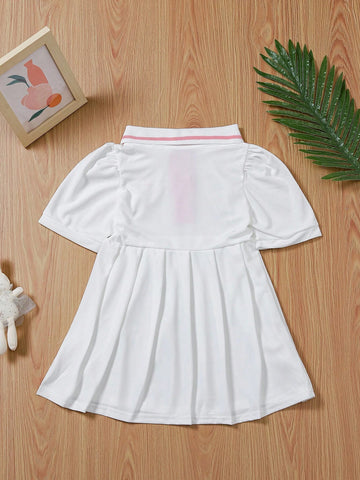 Toddler Girls' College Style Pleated Dress With Shirt Collar And Printing Process, Summer