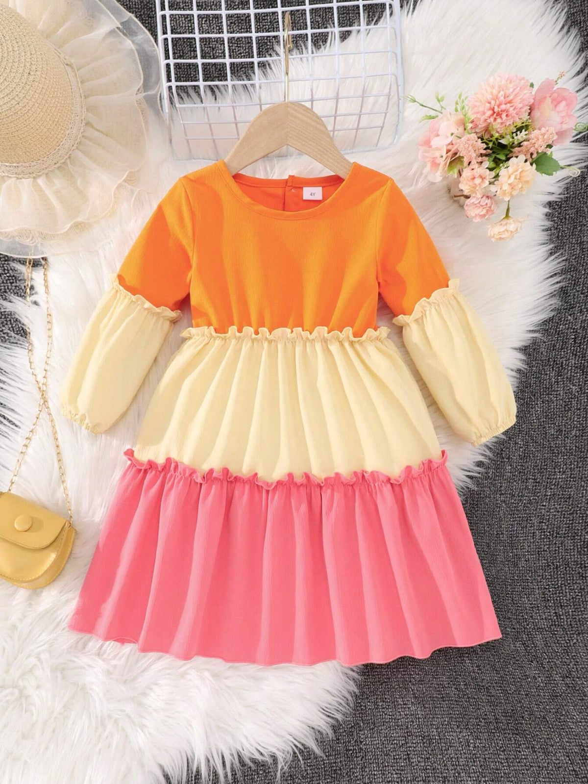Toddler Girls' Colorblock Long Sleeve Casual Princess Dress, Sweet Colorful Cake Style, Spring And Autumn