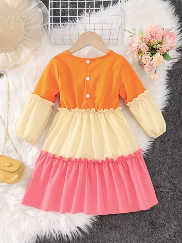 Toddler Girls' Colorblock Long Sleeve Casual Princess Dress, Sweet Colorful Cake Style, Spring And Autumn